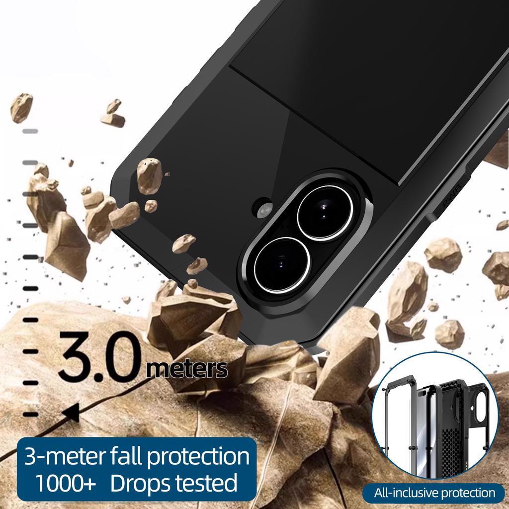 Tank Metal Case for IPhone 17 Air 16e 16 15 14 13 12 11 Pro Max XS XR 8 7 Plus Heavy Duty Shockproof Cover Glass Screen Protect