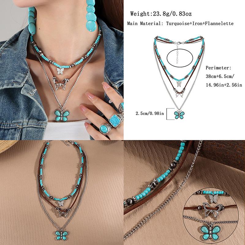 Sommer Perlen Mehrschichtig Türkis Halskette Ethnischer Stil Kaktus Strand Choker Anhänger Retro Westlich Land Halskette Geschenk