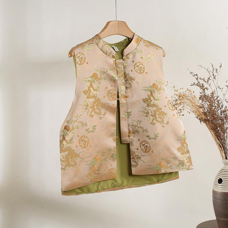 

Жилет жаккардовый с золотой нитью, с драконом и фениксом, с воротником-стойкой, кардиган, ретро, элегантный, достойный, жилет женский XXXL [Recommended 138-75kg]