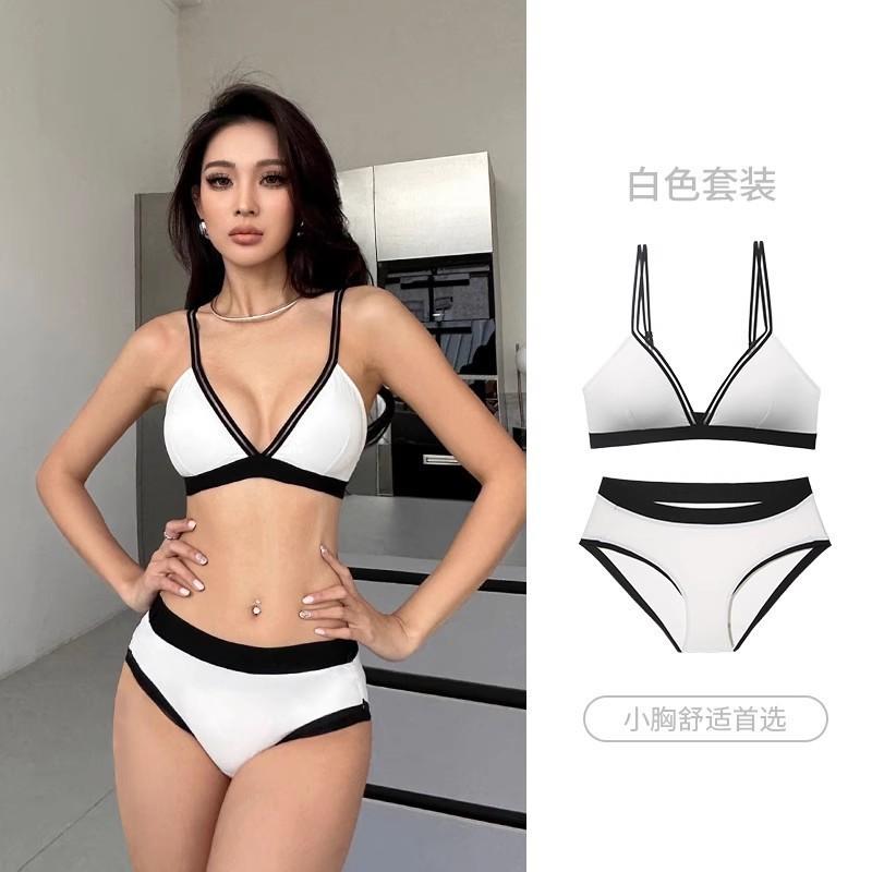 French contrasting color deep V triangle cup underwear women's thin back small chest gathering seamless sexy bra set