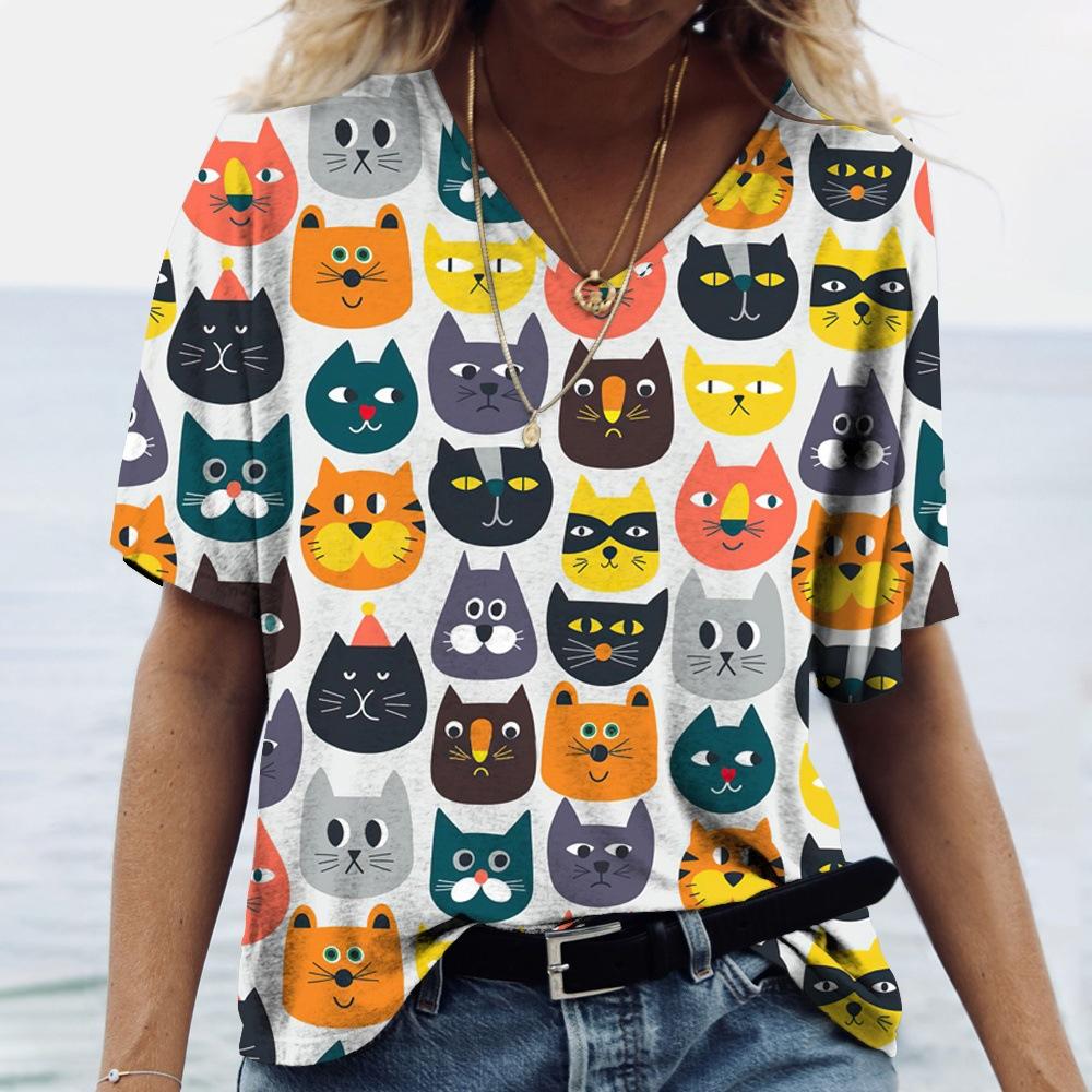 Summer Cartoon Cat Short Sleeved Women's T-shirt V-neck Animal Print T-shirt Loose Comfortable Plus Size T-shirt