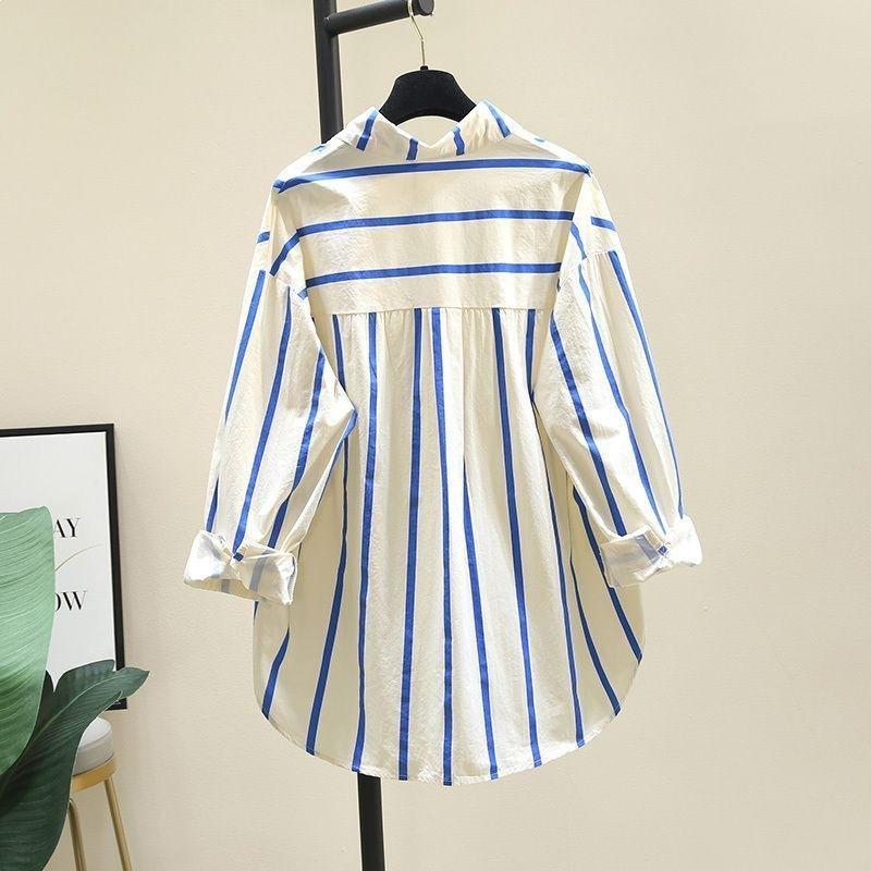 Spring Autumn Women's Oversized Youthful Design Patchwork Striped Shirt Summer Casual Long Sleeved Shirt Sunscreen Top