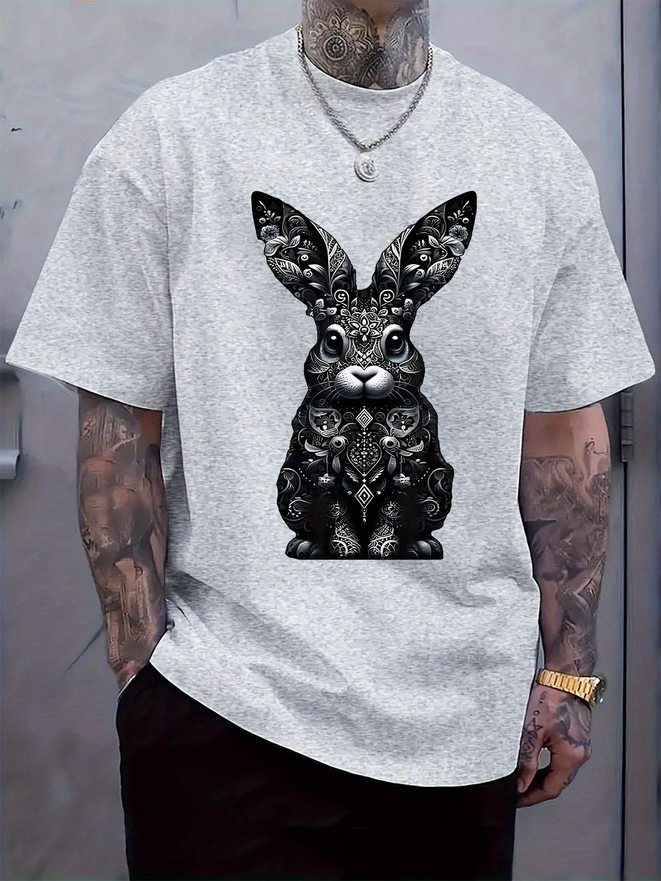 

Black and White Floral Rabbit Print T-shirt - Casual Crew Neck Short Sleeve Tee with Intricate Design XXXXL