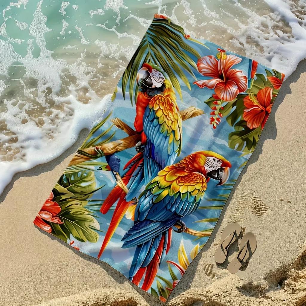 Tropical Parrot Beach Towel Flat Print Colorful Macaw Hibiscus Microfiber Sand-Free Quick Dry Bath Towel for Summer Pool Travel