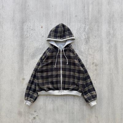 Reversible Plaid Letter Hooded Zip-Up Sweatshirt Unisex Casual Oversized Pullover Winter