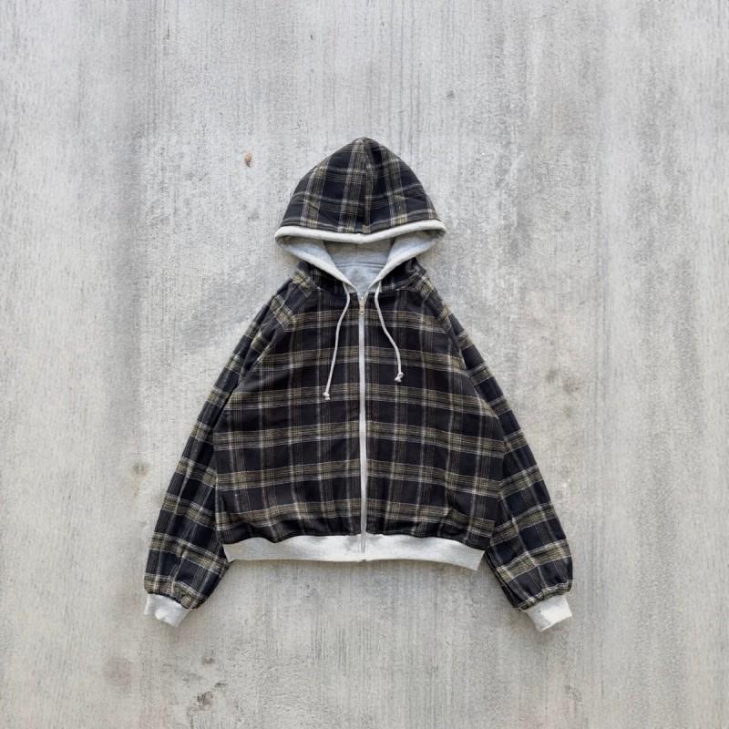 Reversible Plaid Letter Hooded Zip Sweatshirt Vintage Casual Men Women Loose Fit Winter Wear