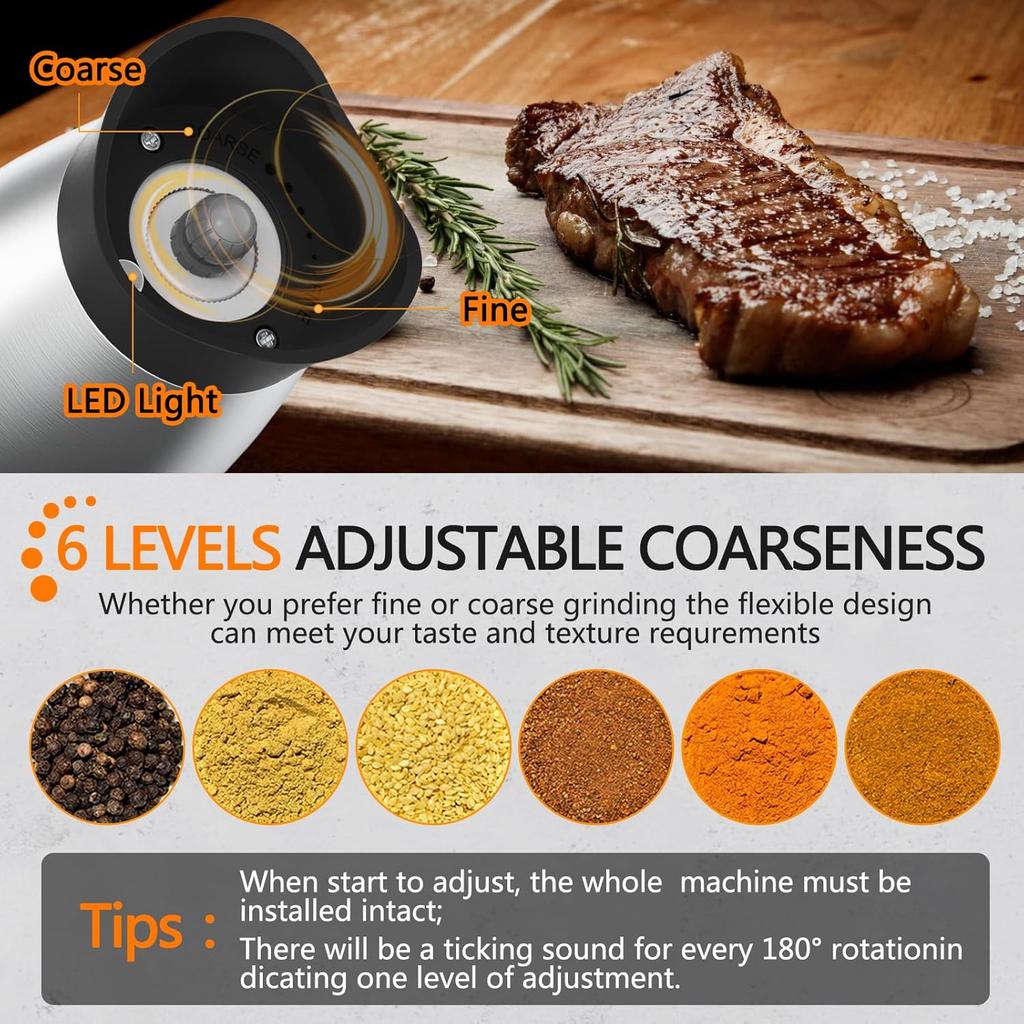 Gravity Electric Salt and Pepper Grinder Set, USB Rechargeable, No Battery Needed, Adjustable Coarseness, Automatic Mill Grinder with Warm LED Light,