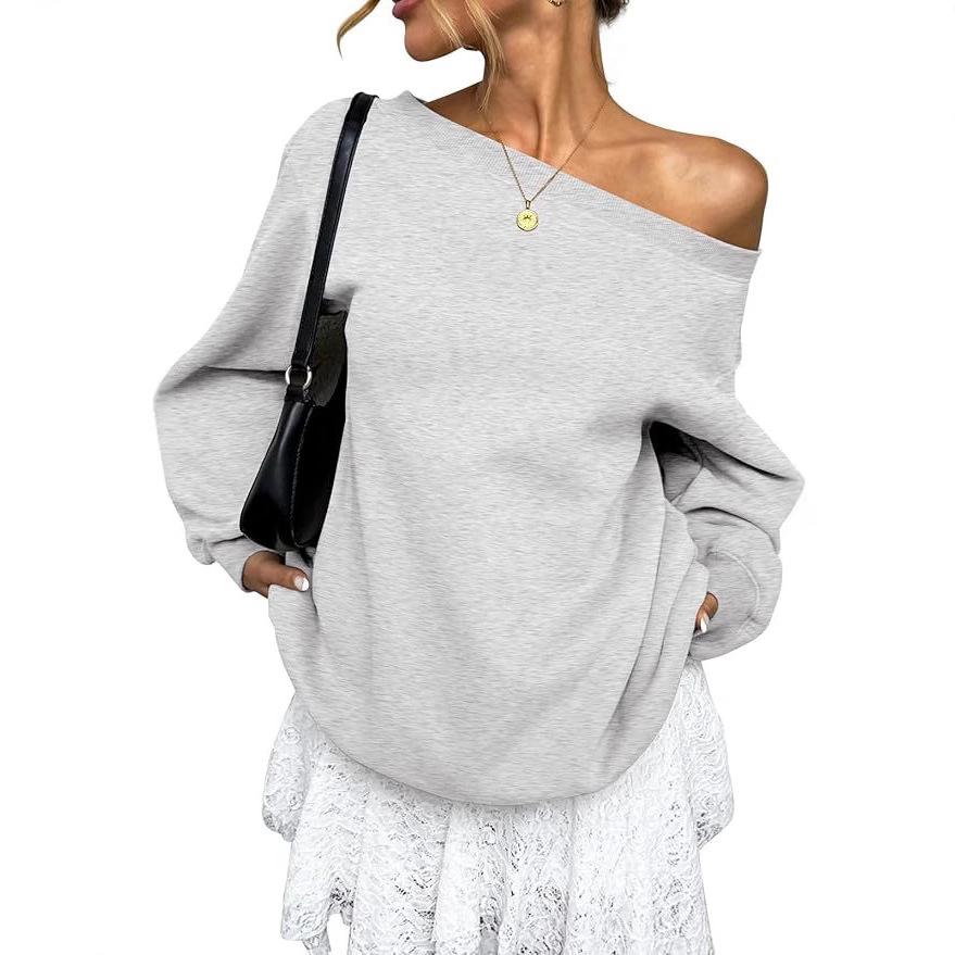 Women's Off Shoulder Long Sleeve Sweatshirt Loose Fit Casual Solid Color Pullover Top