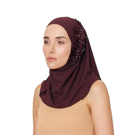 Women Solid Color Lace Rhinestone Muslim Hijab Wrap Islamic Scarf Cap Head Cover