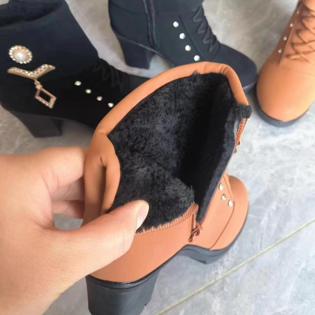 Plus Size Rhinestone Martin Boots 2024: High Heel, Warm Cotton, Side Zipper Women's Fashion Boots for Autumn/Winter