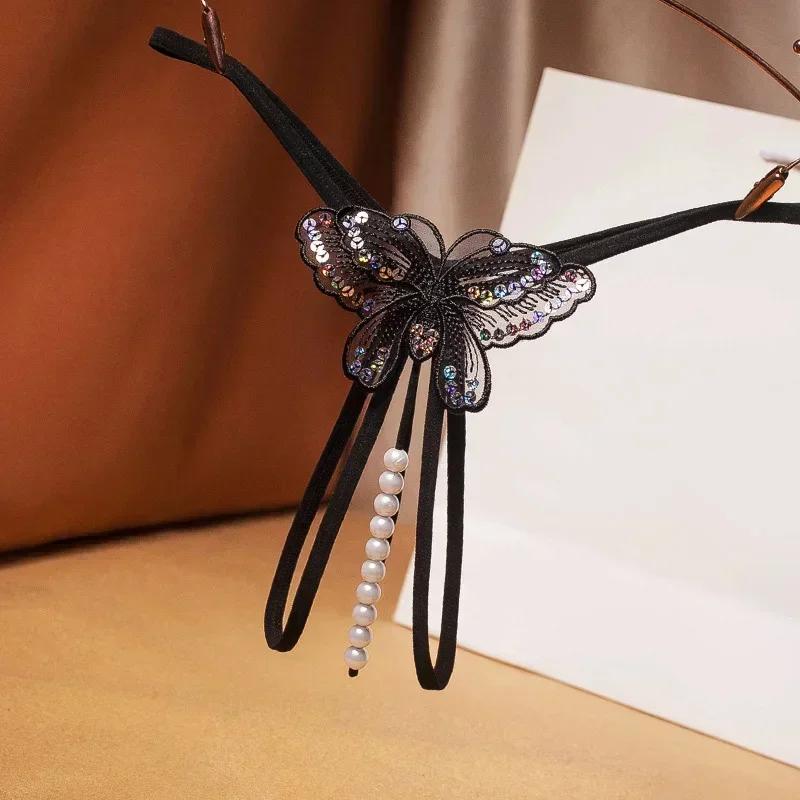 Embroidery Black Butterfly G-String Lace with Pearl Thongs T Back Temptation Open Crotch Panties for Women Sexy Erotic Costume