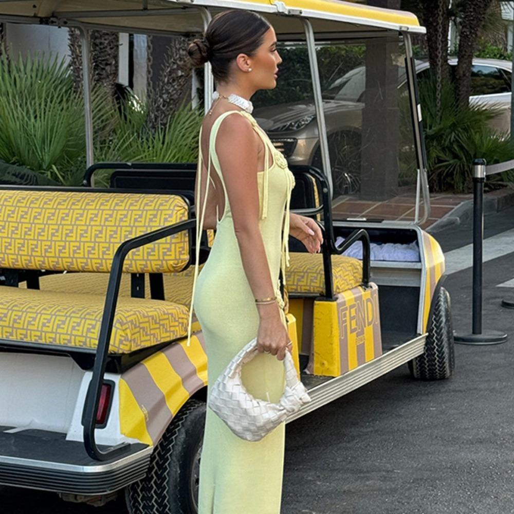 

3D Flower Summer Beach Dress Long Beach Cover Up Beach Backless Halter for Women M жовтий