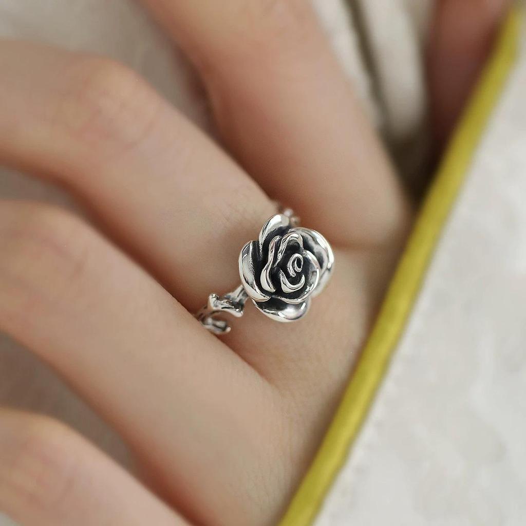 Adjustable 925 Sterling Silver Rose Ring - Retro Chinese Style