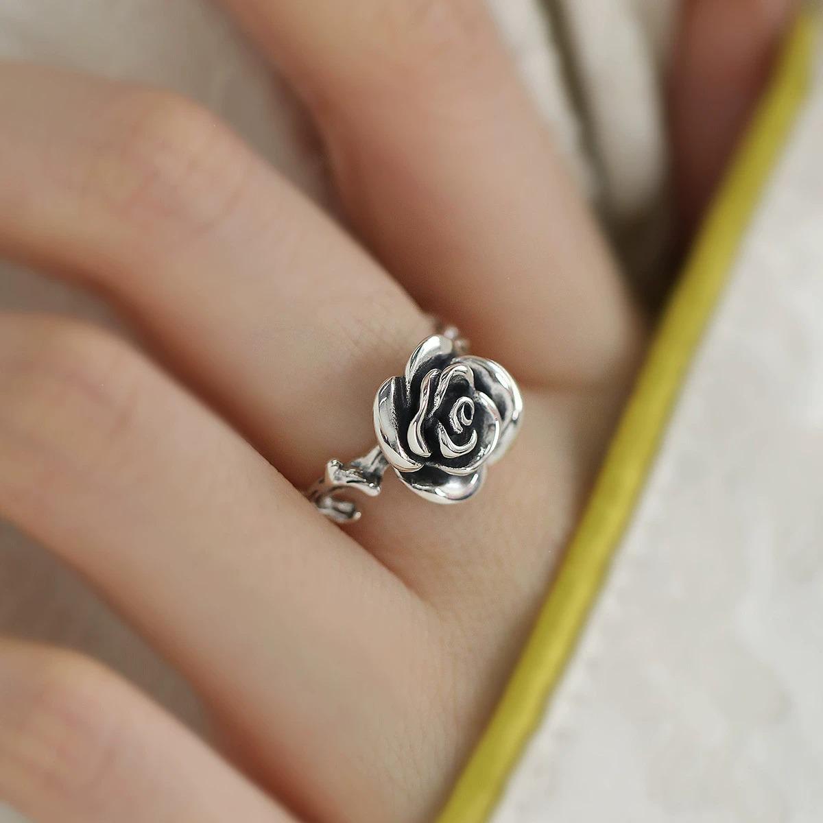 Adjustable 925 Sterling Silver Rose Ring - Retro Chinese Style Open Adjustable