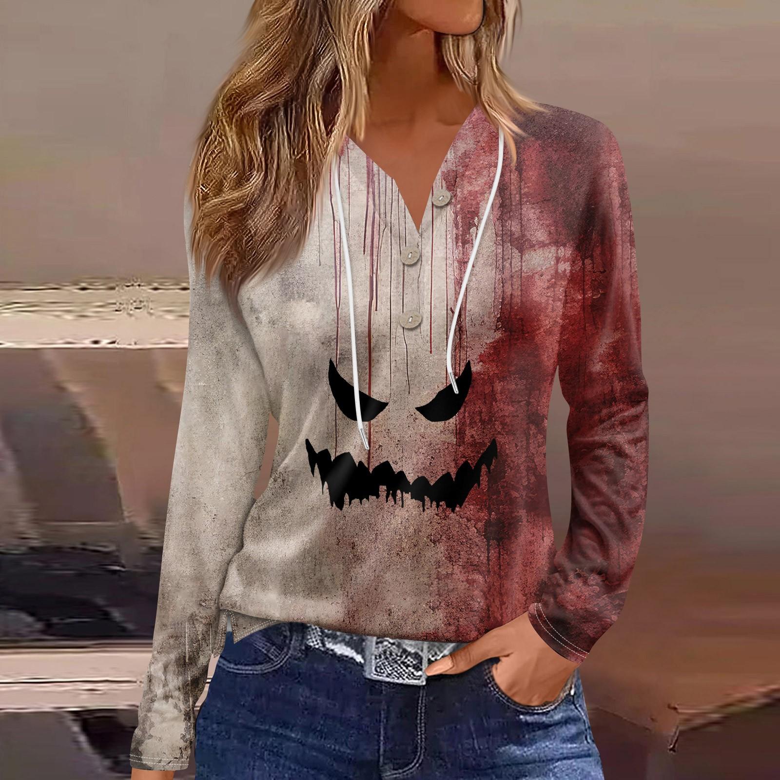 

Женская модная повседневная толстовка с капюшоном на Хэллоуин с декорированными пуговицами и длинными рукавами, футболка XXL винный