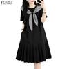 ZANZEA Women Casual Plaid Splice Round Neck Summer Short Sleeve Dress