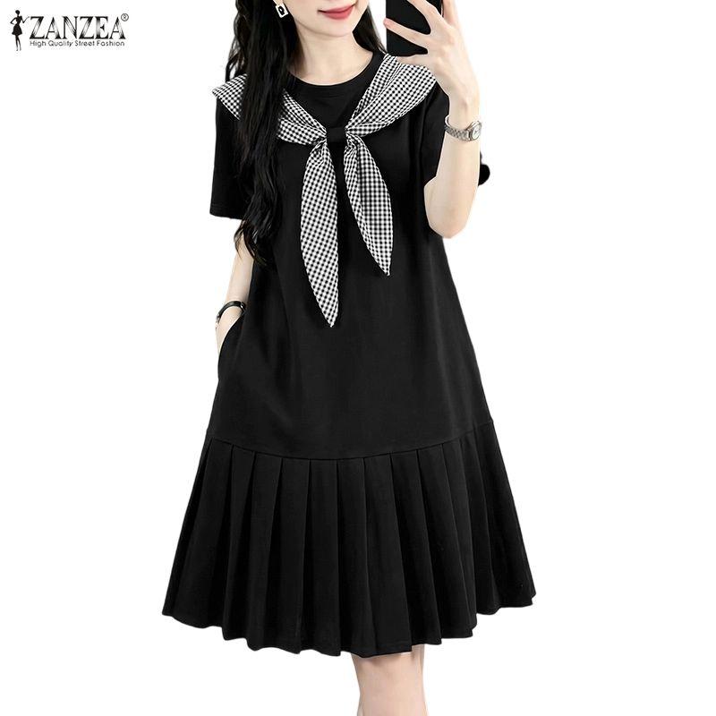 ZANZEA Women Casual Plaid Splice Round Neck Summer Short Sleeve Dress
