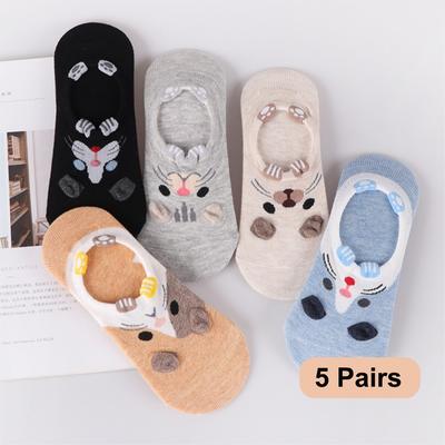 5 Paar/Los Damen Socken Damen Baumwolle Unsichtbare Knöchelsocken Tier Cartoon 3D Socken Lieblich Niedlich Studenten Mädchen Socken