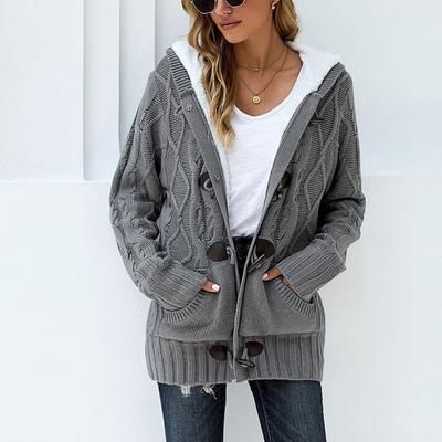 Womens Hooded Cardigans Button Up Cable Knit Sweater Coat Outerwear With Pocket