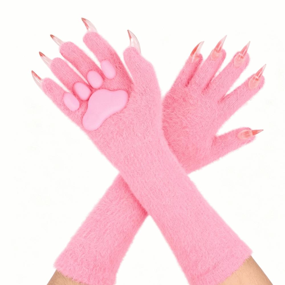 Long Cat Claw Gloves Silicone Paw Pads Plush Gloves Animal Claw Hand Gloves  Dress Up розовый