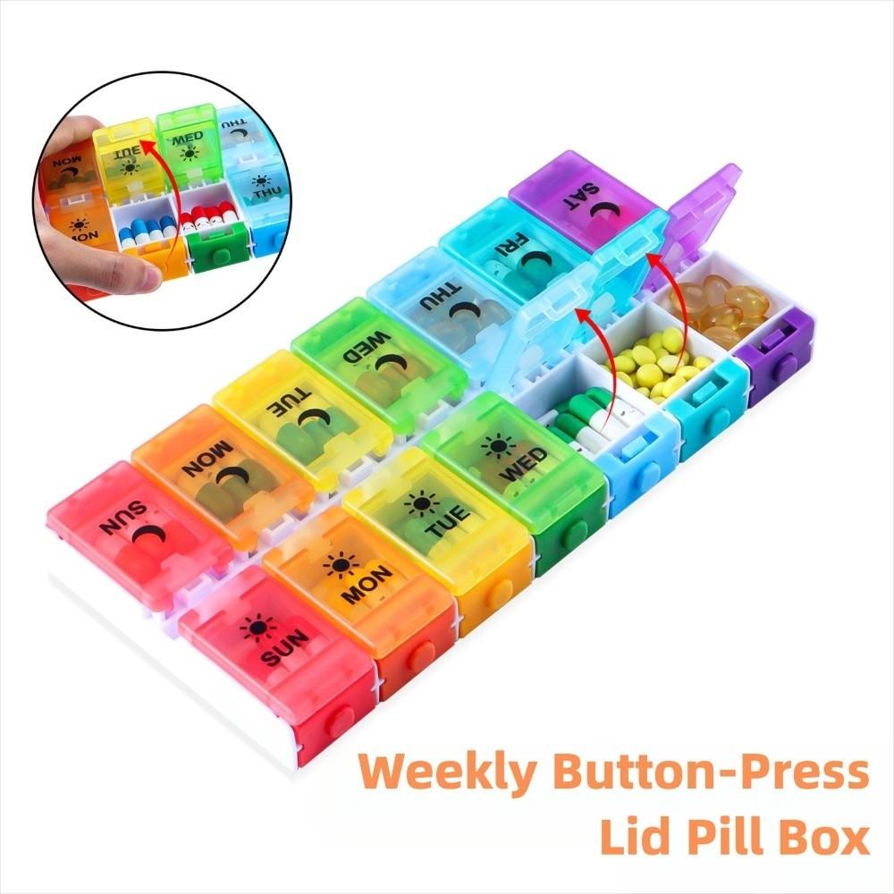 Portable Button-Press Lid Pill Box Weekly Travel Pill Cases Box 14 Grids Pills Container  Men/Women