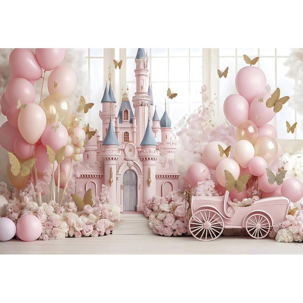 Dreamy Castle Photography Background Pink Balloon Curtain Flower Carriage Girl Birthday Bride Wedding Party Decor Photo Backdrop