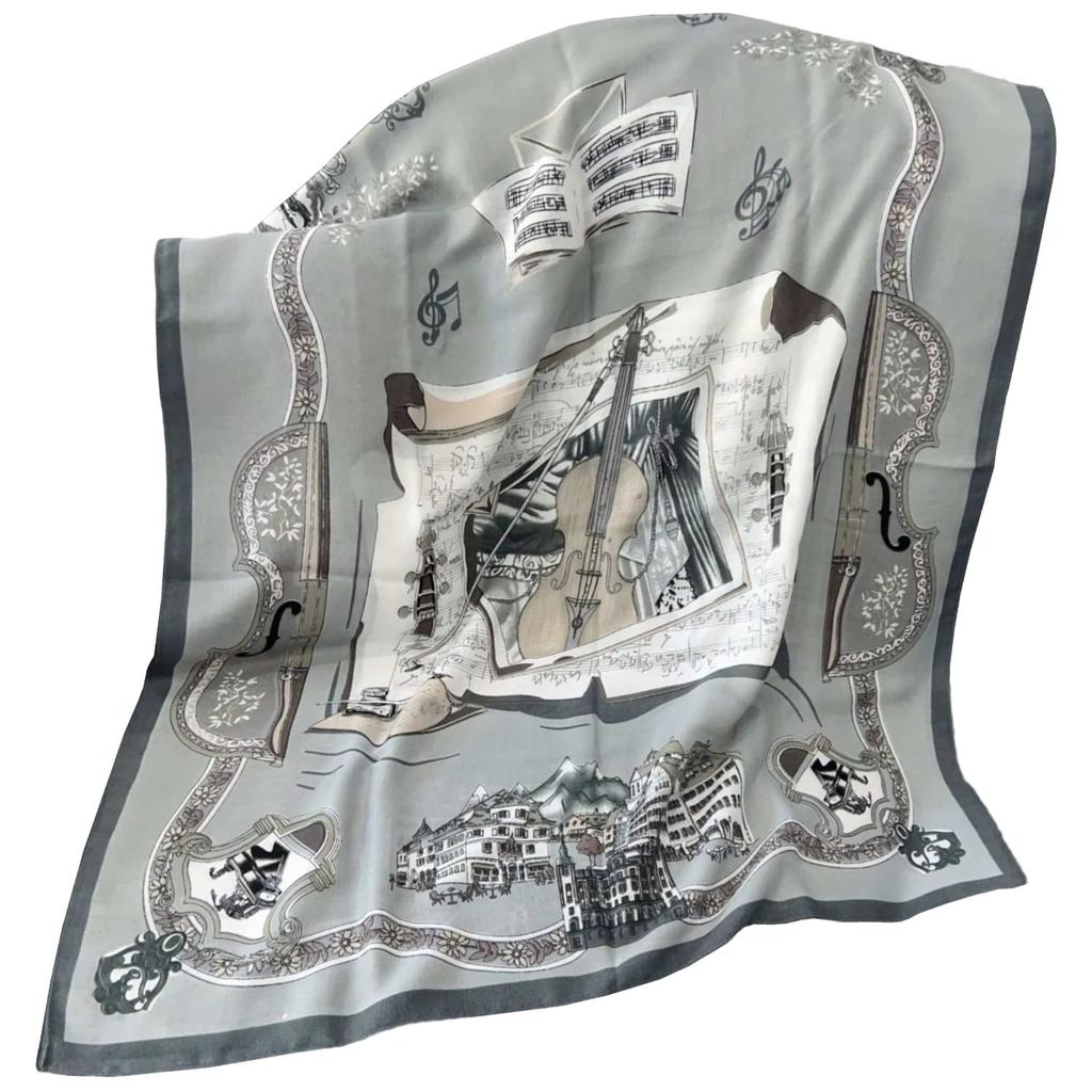 Musical Scarf with Violin and Musical Notes Motif - 100% Viscose, 180X85