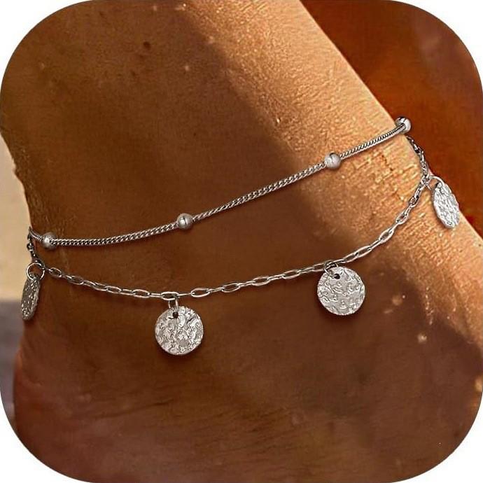 European-American Layered Embossed Round Pendant Anklet - Women's Double-Layer Beaded Chain Foot Jewelry for Summer Beach.