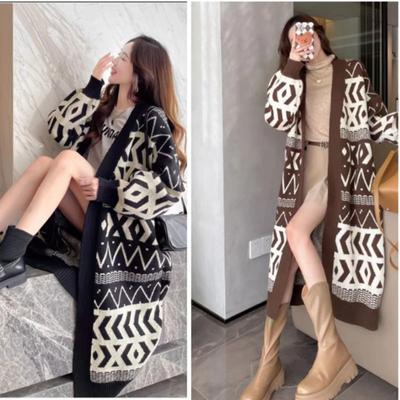 Płaszcz plus size damski długi kardigan jesienno-zimowy, pogrubiony, rozciągliwy, wygodna, luźna, wszechstronna dzianina