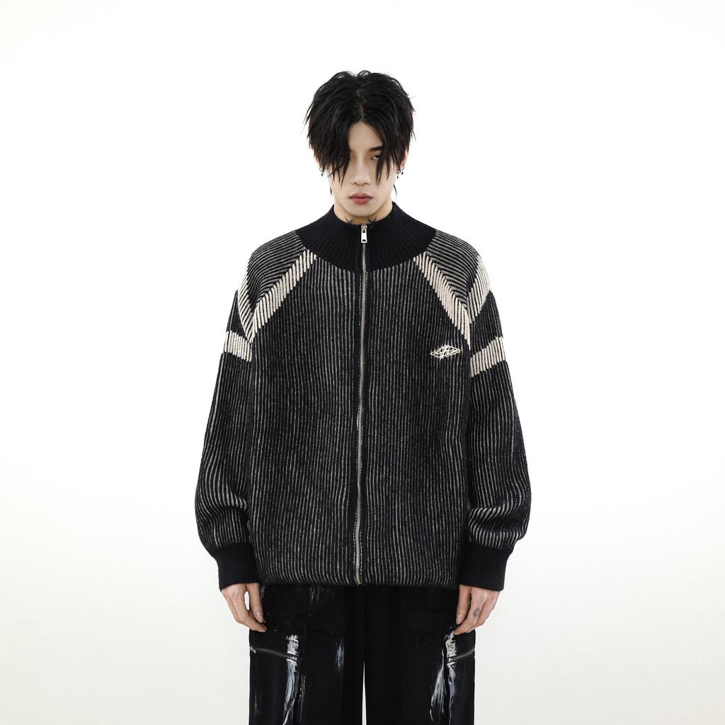 American Retro Striped Turtleneck Sweater Cardigan for Men - Contrast Color, Knitted Design, and Perfect for Couples.