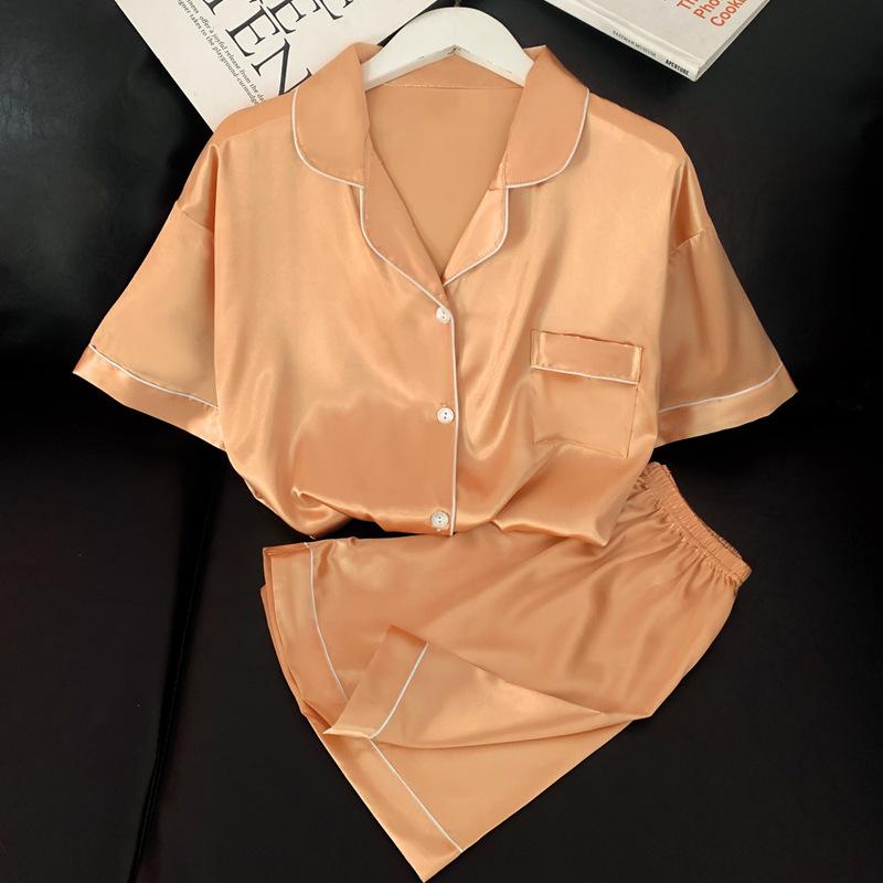 French Fashion Sense Solid Color Short-Sleeved Pajamas Summer Simple Simulation Silk Loungewear Set