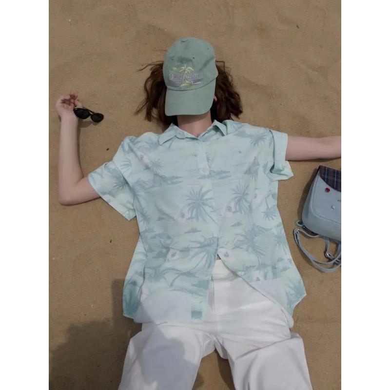Womens Casual Tropical Palm Tree Print Short Sleeve Button Down Shirt S зелёный