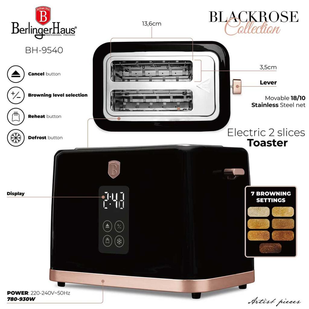 Elektrischer Wasserkocher 1,7L + Digitaler Toaster Berlinger Haus Bh-9540 Black Rose