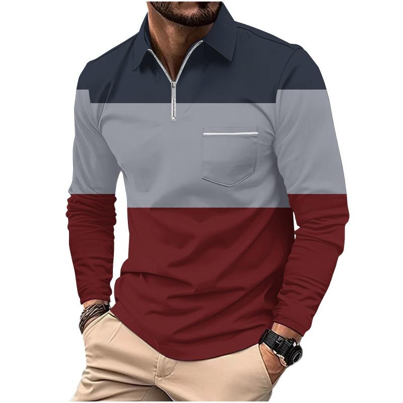Men's Printed Polo Shirt with Zipper Pocket Sports Long Sleeved Polo Shirt