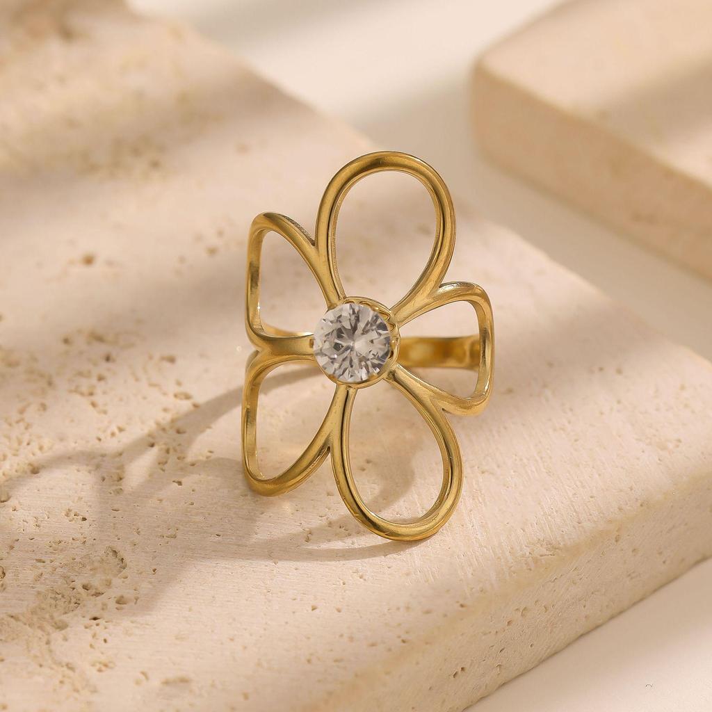 Elegant Diamond Inlaid Hollow Flower Stainless Steel Ring - Simple, Non-Fading, Open Design.
