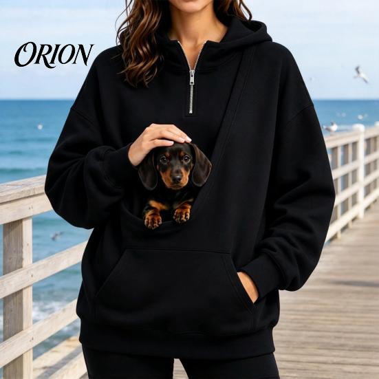 Travel Sweatshirt with Front Pouch Women Hoodie Pet Carrier Pocket, Half Zipper Pullover Sweatshirt, Dog for Small Pets Loose Fit Long Sleeve