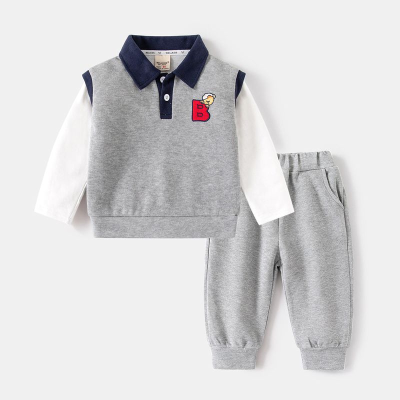 Children's Clothing Spring and Autumn Kids Lapel Suit K-style Boys False Two-Piece Sweaters Baby Casual Pants Twinset Outfit