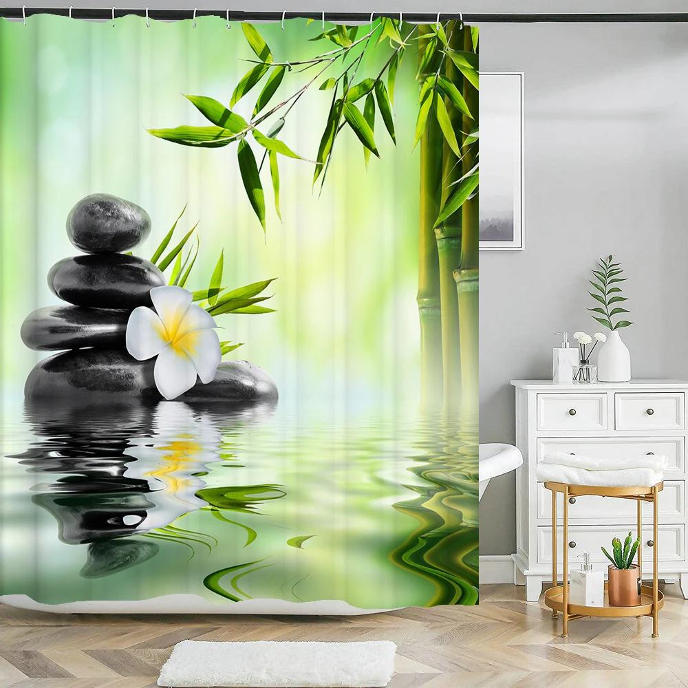 Cortina de ducha de bambú de planta verde, cortina de baño de poliéster impermeable, árboles impresos en 3D, pantalla de baño de 180x200cm con ganchos