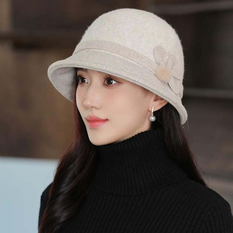 Woolen Bucket Hat Women's Autumn and Winter Warm Elegant British Retro Basin Hat Top Hat Winter Hat for Women