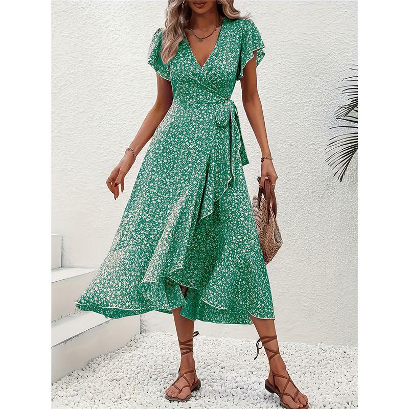 

European and American Fashion Slim fit Floral V-neck Cardigan Bandage Short sleeve Dress Long dress Floral Wrap Dress Green XL