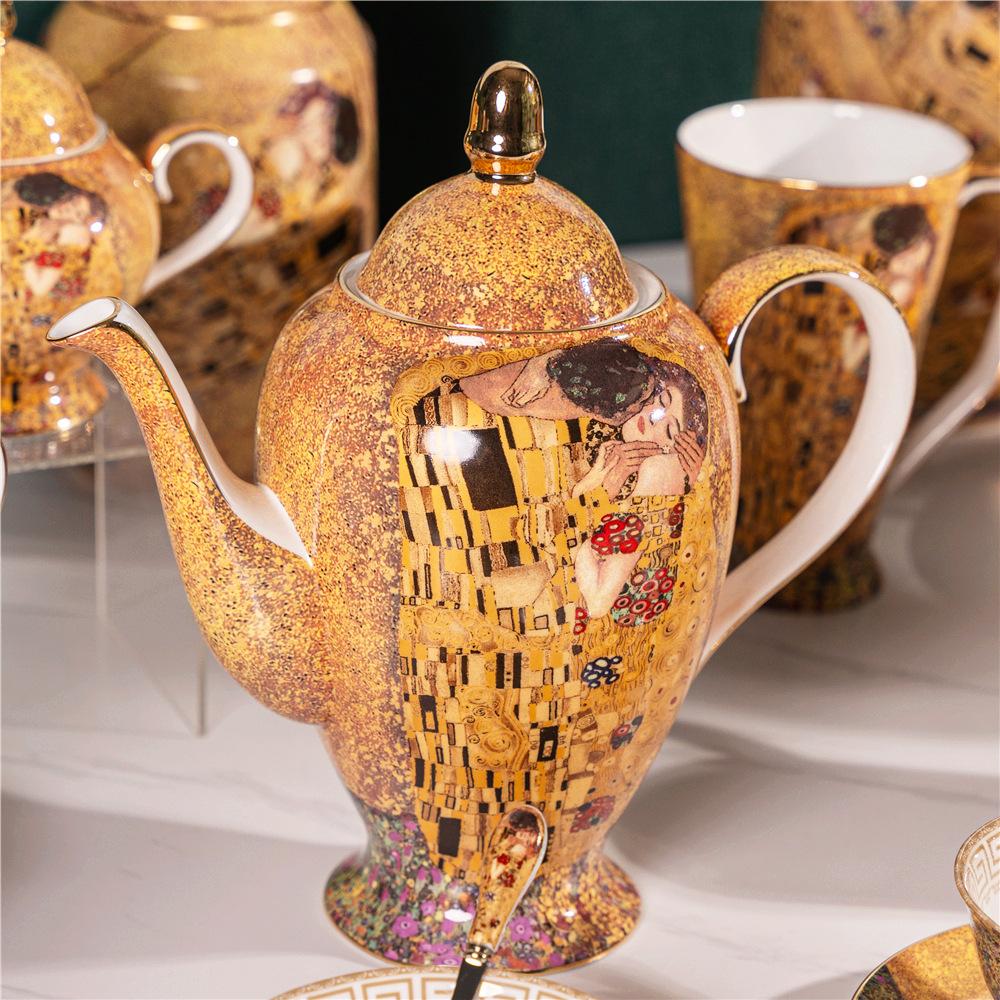 Gustav Klimt Kuss Knochenporzellan Kaffeeservice Luxus Porzellan Teetasse Untertasse Set Keramik Teekanne Milchkännchen Zuckerdose Milchkännchen Kaffeegeschirr