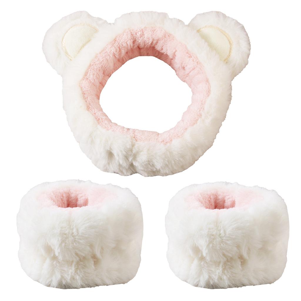 3pcs Cute Bear Headband Set Fluffy Makeup Headband for Face Wash, Face Mask, Skin Care Matching wristband