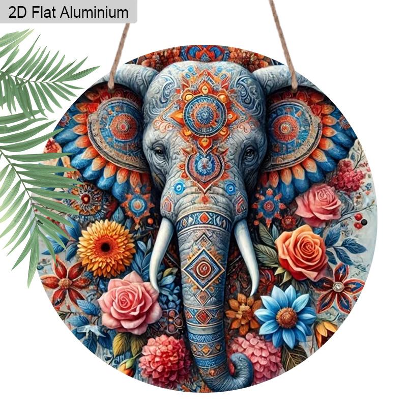 

2D Flat Aluminum Boho Elephant Round Metal Sign, Man Cave Wall Art Sign for Front Door, Easter Decor, Spring Summer Front Door Decor, Pre-Drilled 1pc