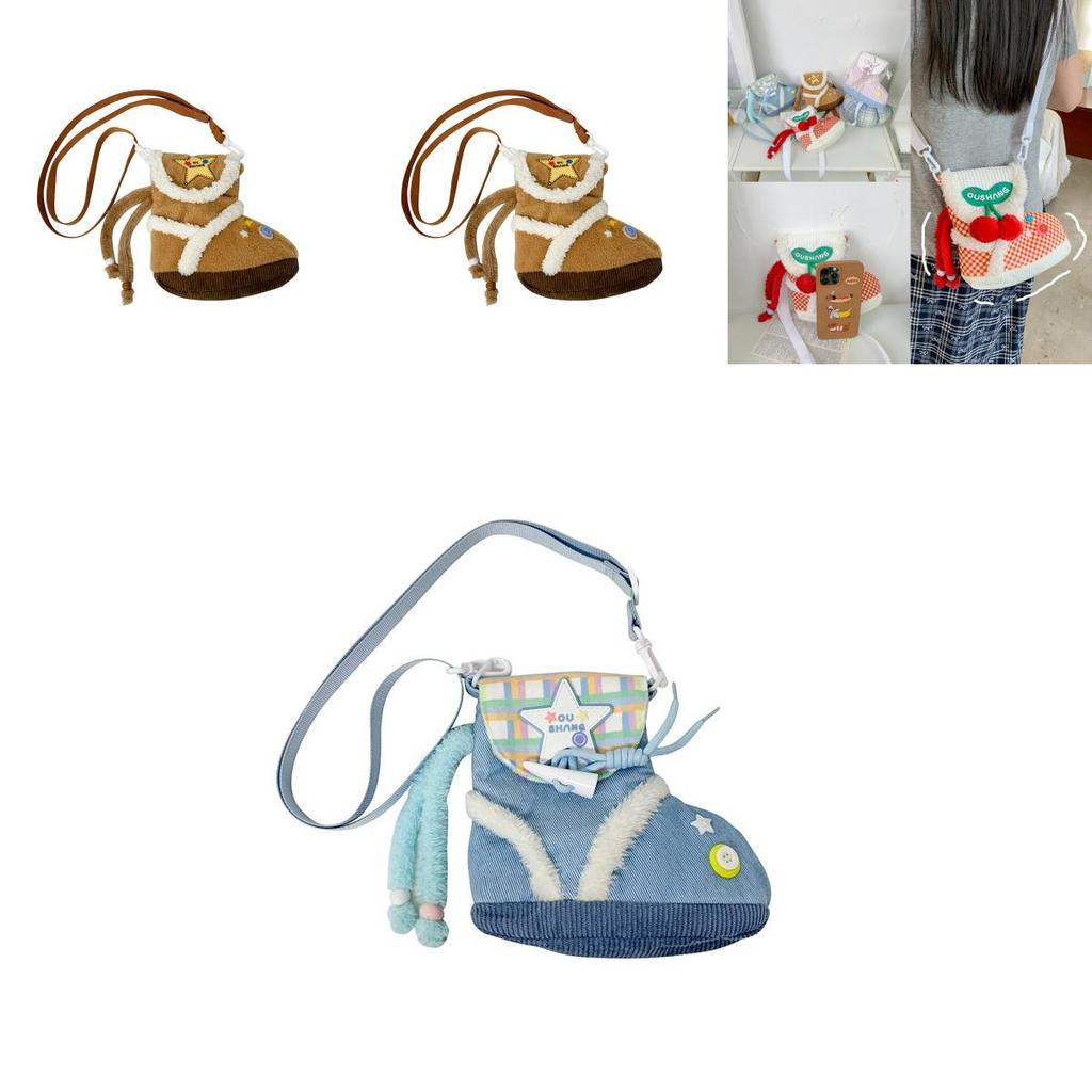 Plush Cartoon Shoe Shaped Shoulder Bag For Girls With Zipper Closure And Inner Pouch
