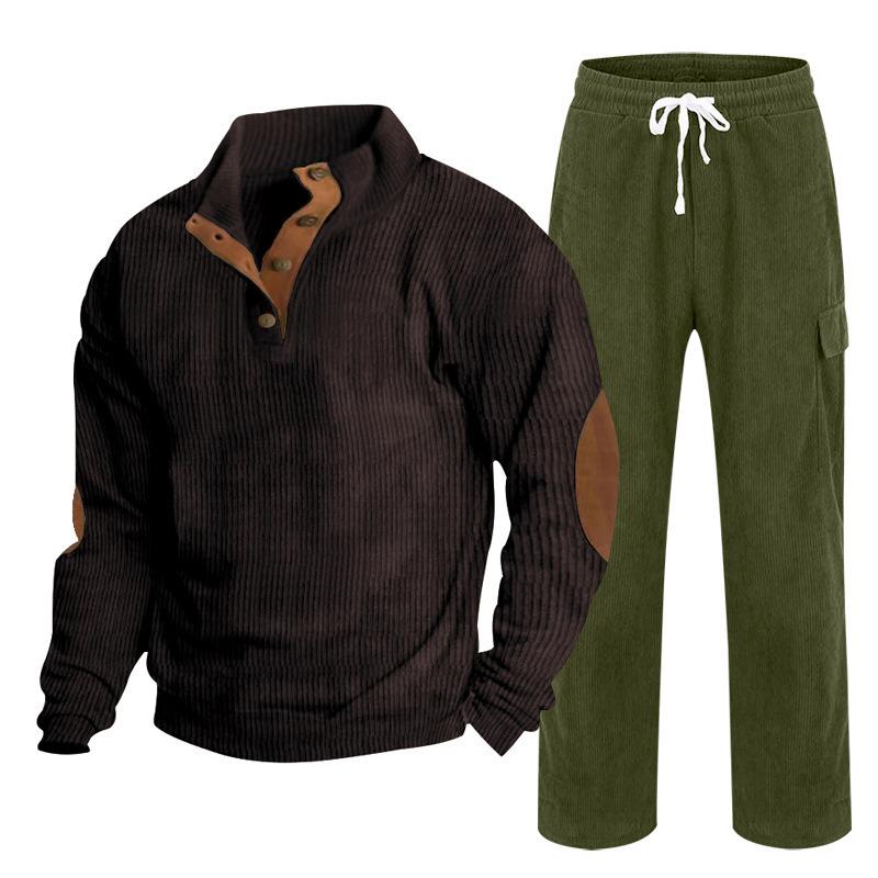 Herren Herbst/Winter Neuankömmling Sportbekleidung Zweiteiliges Set Cord Knopfleiste Henley Oberteil und Straight-Leg Hose Lässiges Ensemble