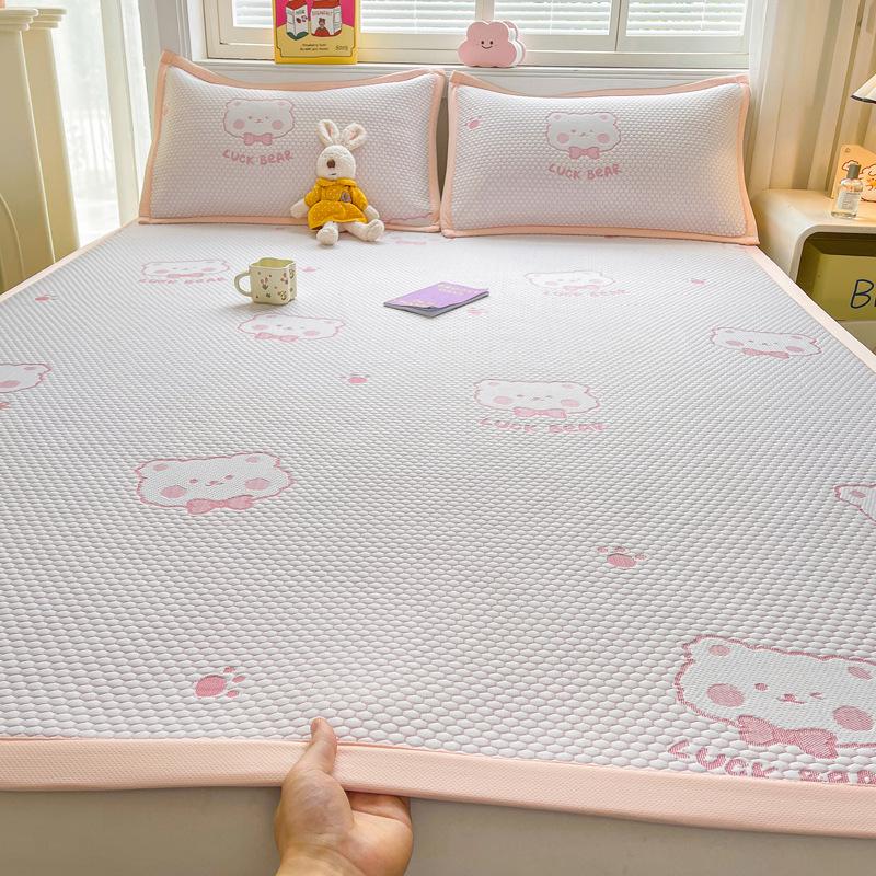 Summer Nude Ice Silk Cooling Mat Set: 3-Piece, Soft, Machine-Washable, A-Class Fitted Sheet