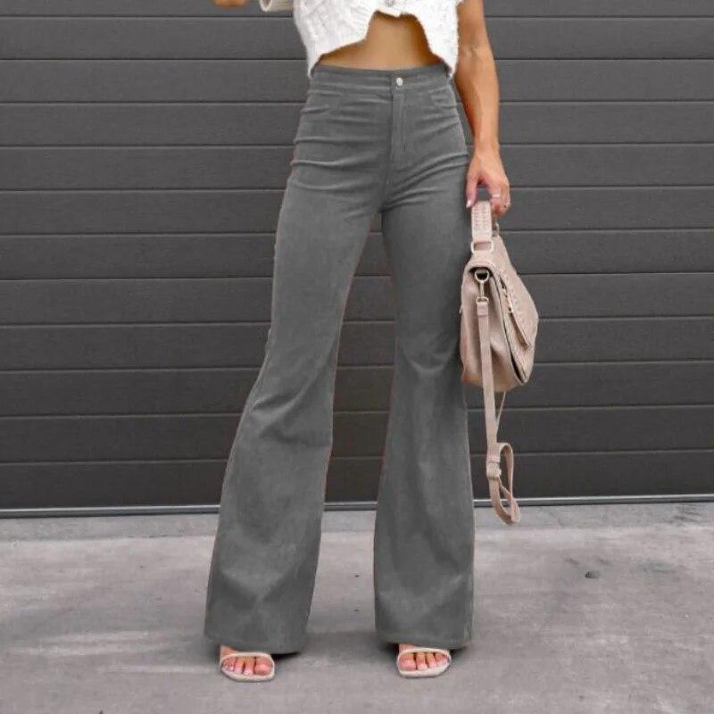 2023 jesienne sztruksowe luźne jednokolorowe spodnie typu casual damskie zimowe spodnie z wysokim stanem damskie spodnie rozkloszowane Streetwear Pantalon 29547
