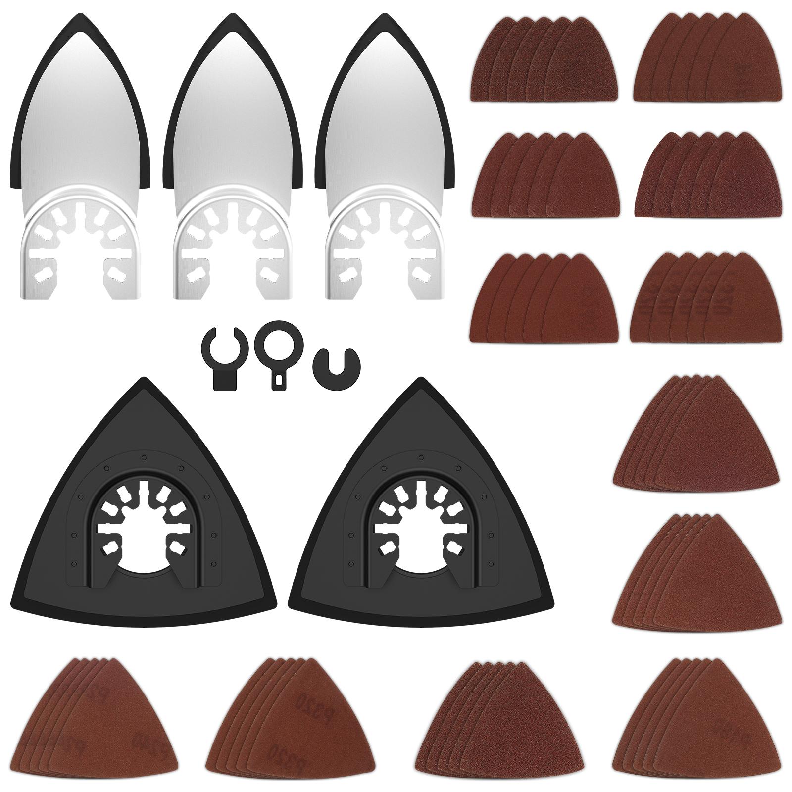 

127/65 шт. Набор шлифовальных подушек для осциллирующего инструмента, наждачная бумага зернистостью 60-320 с треугольными шлифовальными подушками и подушками для детальной шлифовки для дерева 60-320Grit