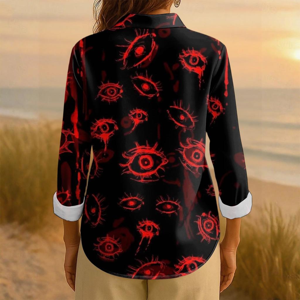 Women's Retro Halloween Printed Button Up Long Sleeved Casual Regular Shirt Collar Top