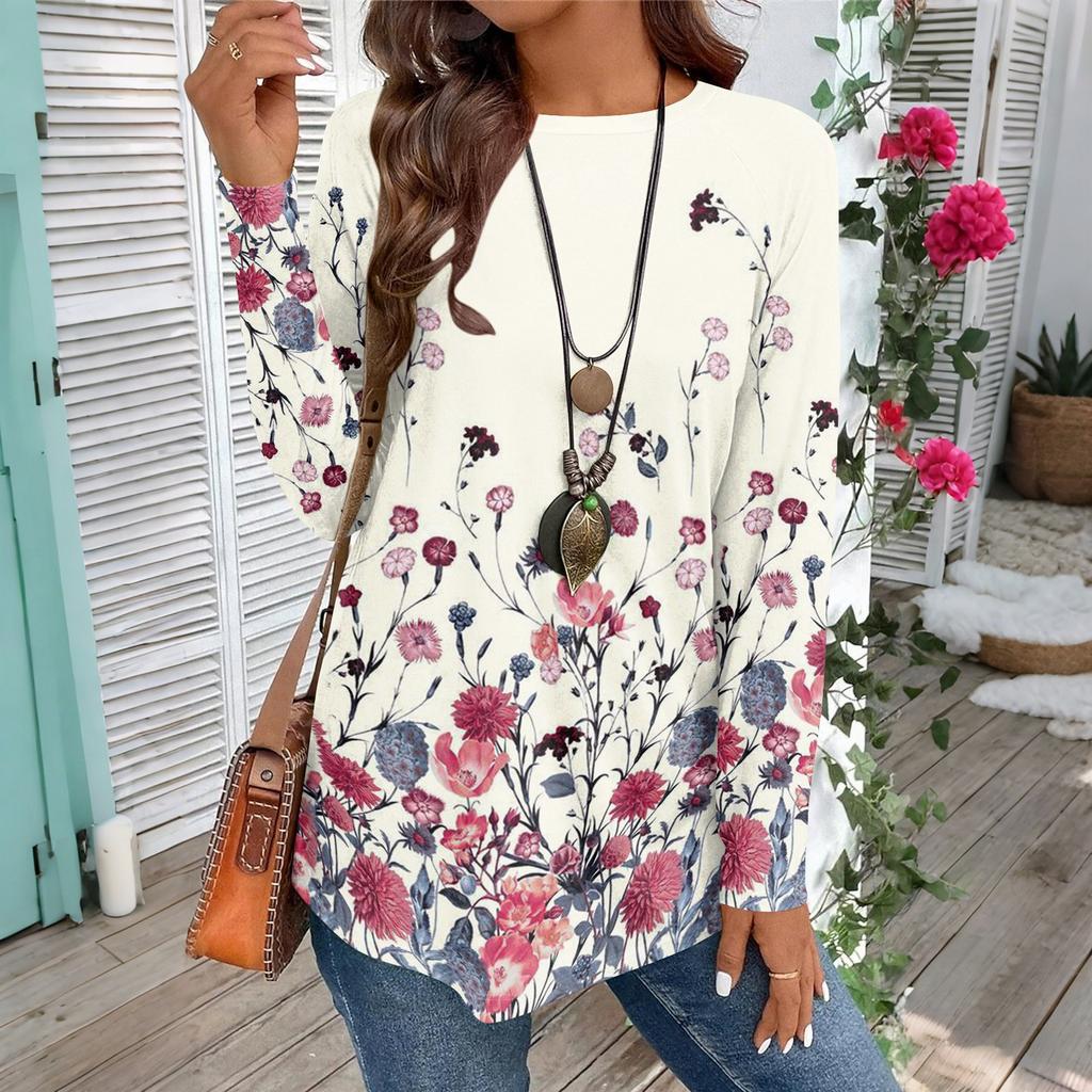Women's Casual Plus SizeLong Sleeved Round Neck Vintage Ethnic Printing T-shirt Top Pullover